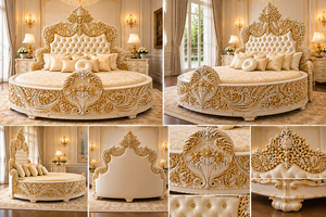 Grand Palace Style Golden Carved Wooden <b>Bed</b> Luxury Crown Round Wooden <b>Bed</b> for <b>Princess</b> Room Maharaja White Queen Size <b>Bed</b> Set UK - Product Image 6