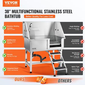 Professional 38\" Stainless Steel <b>Dog</b> Grooming Tub <b>Bathing</b> Station with Ramp Storage Drawer Floor Grate Faucet B - Product Image 2
