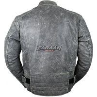 Blouson Moto Homme en Cuir Gris Vieilli Style Café Racer, Lavage Vintage, Col à Boucle, Panneaux Matelassés, Design Moto