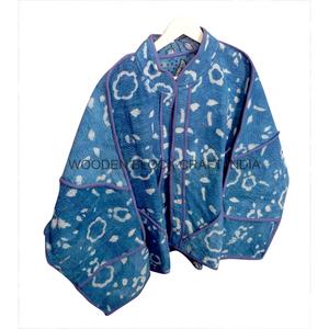 Veste pour femme en coton Kantha à imprimé bleu, col mandarin, manches classiques, longueur normale, automne, tissu non tissé écologique, séchage rapide - Product Image 3