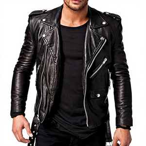 Blouson de motard en cuir véritable pour homme, style vintage vieilli, avec patchwork gaufré, fermeture éclair, col montant, coupe ajustée - Product Image 1
