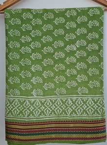 Green Hand Block Print With Zari Border Cotton Sarong Boho Beach Wrap Pareo Lightweight <b>Cover</b> <b>Up</b> Indian Printed Scarf - Product Image 2