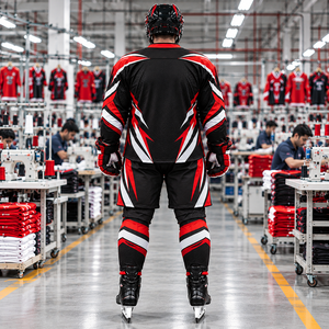 Conjunto de Jersey de Hockey sobre Hielo Unisex, 100% Poliéster, Secado Rápido, Nombre del Equipo Personalizado, Bloques de Color Negro, Rojo y Blanco, Manga Larga, Ropa Deportiva para Adultos - Product Image 3