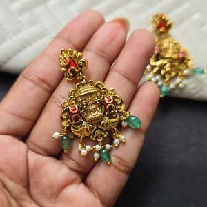 Vintage Gold Plated <b>Pearl</b> <b>Diamond</b> Drop <b>Earrings</b>-Ethnic Flower Chandbali with Oxidized Polish Nova Mart Brand for Wedding Gift - Product Image 1