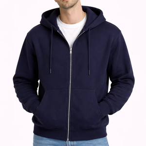 Sweat-shirt à capuche bleu marine pour homme avec fermeture éclair intégrale, capuche à cordon de serrage, poches kangourou sur le devant et poignets côtelés – Style décontracté classique - Product Image 1
