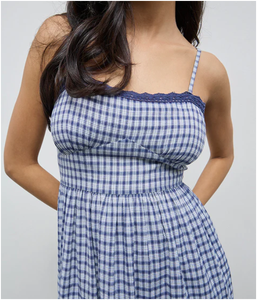 Vestido maxi a cuadros azul marino de mezcla de algodón con dobladillo acampanado, estilo dulce para exteriores, corte moderno, ecológico - Product Image 3