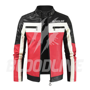 BLOODLINE Men's PU Leather Moto <b>Biker</b> <b>Jacket</b> Slim Fit Zipper Closure Stand Collar Color Blocking Design Autumn Wear - Product Image 3