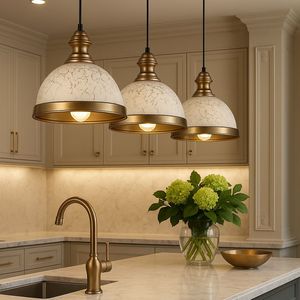 Lámpara Colgante Redonda de Latón con Pantalla de Alabastro, LED E26, 2700K, Luz Blanca Cálida Suave, Ra50, 25000 Horas de Duración, para Montaje en Cocina - Product Image 2