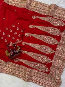 <b>Red</b> Satin <b>Saree</b> Set Mirror Work Ajrakh Motif Traditional Indian Wear for Wedding and Diwali - Product Image 4