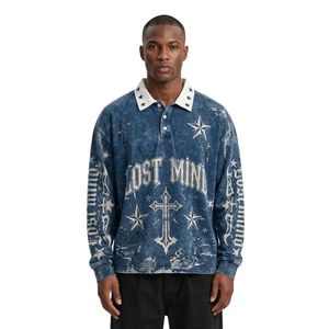 Sudaderas Polo de Algodón Vintage Personalizadas con Lavado Desgastado, Estrellas Púrpuras y Gráficos Agrietados, Estilo Urbano - Product Image 3