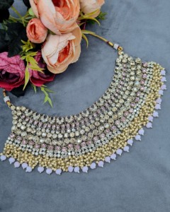Heavy Ethnic CZ Studded Bridal Choker <b>Set</b> With Pearl Drop Accents Matching Earrings & Mangtika Antique <b>Gold</b> Plated <b>Jewellery</b> <b>Set</b> - Product Image 2