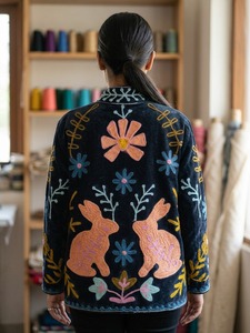 <b>Velvet</b> Embroidered Stand Collar Full Sleeve Bomber <b>Jacket</b> for <b>Women</b> Eco-Friendly Breathable All Season Outerwear - Product Image 3