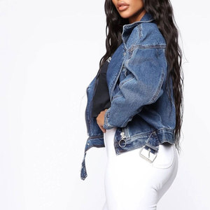 Veste en jean pour femme, style camionneur, col rabattu, manches longues, fermeture éclair, couleur unie délavée, coupe courte, style automne - Product Image 3