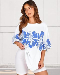 <b>Women's</b> <b>White</b> O-Neck <b>Short</b> <b>Sleeve</b> Floral Print Loose Fit Cotton Jersey Casual T-<b>Shirt</b> Spring Summer Top - Product Image 3