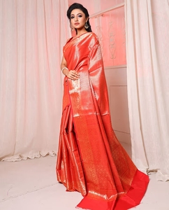 KV Traditional <b>Red</b> Handwoven Brocade Silk Saree with Zari Woven Designs & Unstitched <b>Blouse</b> for Party Occasions - Product Image 4