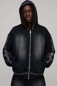 <b>Men</b> <b>Black</b> Hooded Tracksuit Set Full Length Loose Fit Streetwear Style With Rhinestone Detailing Gradient Color Autumn Wear - Product Image 6