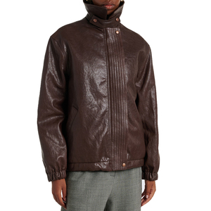 Chaqueta de cuero de oveja marrón personalizada para mujer, de cuero genuino, corte holgado, hombros caídos, cremallera oculta, botones a presión, bolsillos con ribete. - Product Image 1