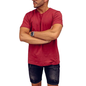 T-shirt pour homme à col en V rouge, manches courtes, 100% coton, coupe classique, jersey décontracté, couleur unie, design simple - Product Image 1