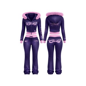 <b>Women's</b> <b>Purple</b> Hooded <b>Tracksuit</b> With Pink Fur Trim Crop Top And Sweatpants Sublimation Printed Letter Design Winter Wear - Product Image 1