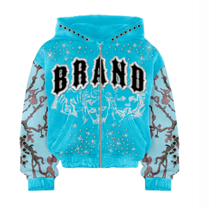 Sweat à capuche zippé personnalisé avec strass et cristaux pour votre marque – Style Hip Hop Streetwear – Coupe courte - Product Image 3