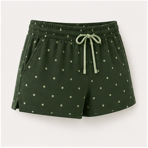Pantalones Cortos de Salón para Mujer, Personalizados, Color Verde Bosque con Puntos, Corte Recto, con Cordón Ajustable, de Jersey de Bambú y Viscosa - Product Image 4