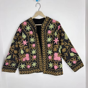 Handmade Indian Suzani Embroidery <b>Reversible</b> Bomber Velvet <b>Jacket</b> Women Floral Stripe Button Quilted Cotton Filling - Product Image 1
