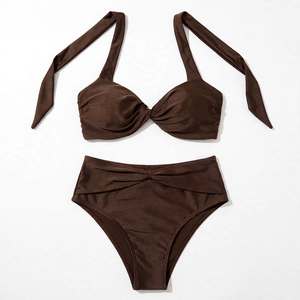 Conjunto de Bikini para Mujer, Bikini Halter Marrón con Frente Cruzado y Cintura Alta, Traje de Baño de Dos Piezas en Color Sólido, Spandex y Poliéster - Product Image 6