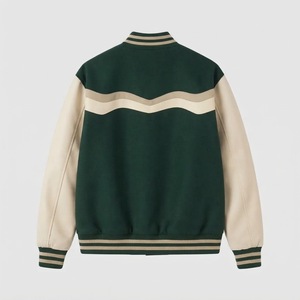 Veste universitaire pour homme vert foncé avec manches en simili cuir crème, veste bomber en mélange de laine, veste letterman à boutons pression - Product Image 2