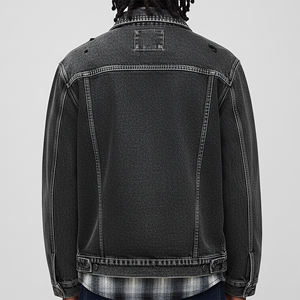 Blouson Bomber en Jean Noir pour Homme, Style Unique, Col Brodé, Patch, Veste Décontractée d'Automne, Motard, Effet Délavé - Product Image 2
