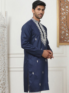 <b>Men's</b> Navy Blue Embroidered Kurta <b>Pajama</b> <b>Set</b> Traditional Indian Pakistani Ethnic Wear - Product Image 4