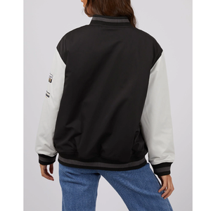 Veste universitaire noire et blanche avec logo brodé sur le devant, coupe classique, style décontracté, unisexe, pour l'automne - Product Image 2