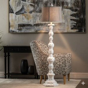 Lampadaire vintage en bois blanc vieilli, style rustique, avec tige sculptée, pour salon et chambre à coucher, éclairage décoratif de ferme - Product Image 1