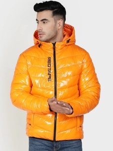 Veste matelassée à capuche orange pour homme, coupe-vent, fermeture éclair sur le devant, vêtement d'hiver décontracté, couleur unie, rembourrage épais en polyester - Product Image 1