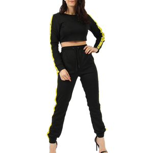Ensemble de survêtement rayé noir et jaune pour femme, col rond, manches longues, pantalon à cordon de serrage, coupe ample, longueur intégrale, streetwear, tenue d'automne - Product Image 3