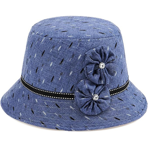 Chapeau Bob en Jean Bleu Élégant avec Motifs Floraux, Protection Solaire, en Coton, Style Cloche, Idéal pour l'Été et les Voyages - Product Image 1