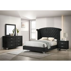 Elegante Testiera per Letto Queen Size con Bottoni e Schienale Alto, in Legno, Metallo e Tessuto Nero Imbottito, Arredamento Camera da Letto - Product Image 5