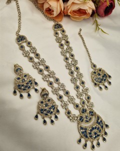 Traditional Flower Motif Dual Layer Long Necklace Earrings And Mangtika <b>Set</b> For Women Designer Fashion <b>Jewellery</b> <b>Set</b> Collections - Product Image 4