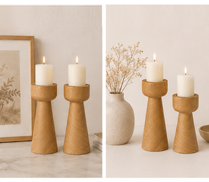 Handmade Solid Mango Wood Pillar Candle Holder Set Of 2 Minimalist Natural Grain Candlestick Stand For Luxury Home Decor Table - Product Image 2