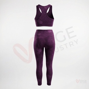 Women Purple Zip Front Racerback Sports Bra High Waist Full Length <b>Leggings</b> Yoga 2 Piece Set - Product Image 2