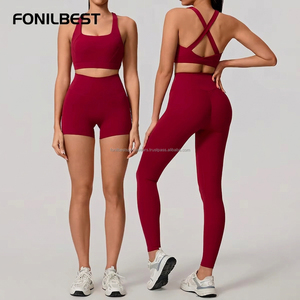 Conjunto de yoga de 2 piezas para mujer, estampado de color liso, cintura media, sin costuras, espalda cruzada, top corto con cuello cuadrado y pantalones cortos, ropa deportiva transpirable - Product Image 2