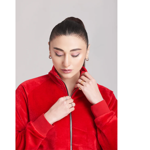 <b>Women</b> Red <b>Velvet</b> <b>Tracksuit</b> Full Sleeve Stand Collar Sporty Loose Fit 2 Piece Set All Seasons Breathable Woven Polyester - Product Image 5