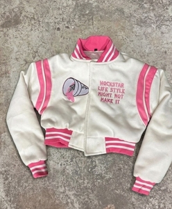 Chaqueta Varsity Blanca y Rosa con Logotipo Hockstar Bordado, Estilo Y2K, Cuello con Capucha, Manga Larga, Diseño 2 en 1, Ropa de Otoño - Product Image 1