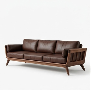 Solid Wood Mid Century <b>Sofa</b> with Brown Leather Cushions Modern Living Room Furniture for Home Hotel Apartment Project - Product Image 1