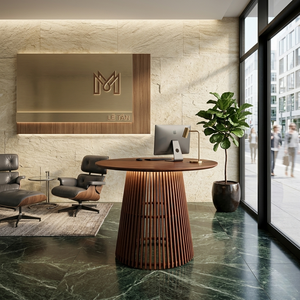 Mostrador de recepción moderno de madera de teca redondo con base de listones para diseño de vestíbulo de hotel - Product Image 1