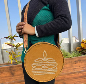 Custom Factory Hand Tooled Suede Leather Round Crossbody Bag for Women's High Quality <b>Boot</b> Stitch Genuine Leather Shoulder Bags - Product Image 2