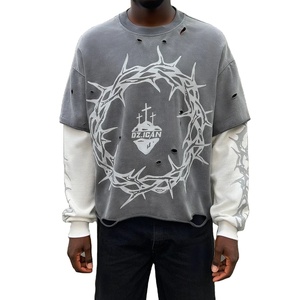 Hommes Vintage sérigraphie en détresse hommes coton recadrée Boxy T Shirt personnalisé surdimensionné lavé Double couche T-Shirt à manches longues - Product Image 1