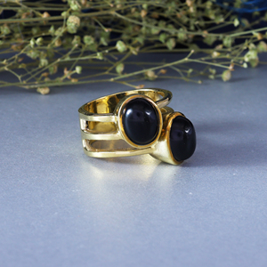 <b>Gold</b> Plated Brass Double Black Onyx Bohemian Geometric Statement <b>Ring</b> - Product Image 4