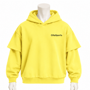 Lemon Yellow Double Layer <b>Hoodie</b> Oversized <b>Short</b> <b>Sleeve</b> Overlay Long <b>Sleeve</b> Pullover Casual Loose Fit Streetwear Hooded Custom - Product Image 1