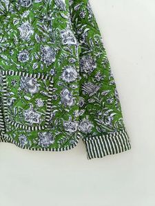 Handmade Cotton Quilted <b>Jacket</b>: V-Neck Floral Indian Coat Reversible Lightweight Coat - Product Image 5