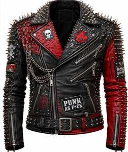 Winter <b>Gothic</b> Punk Studded Cowhide Leather Motorcycle <b>Jacket</b> with Custom Logos Front Design Waterproof Zipper Closure - Product Image 1